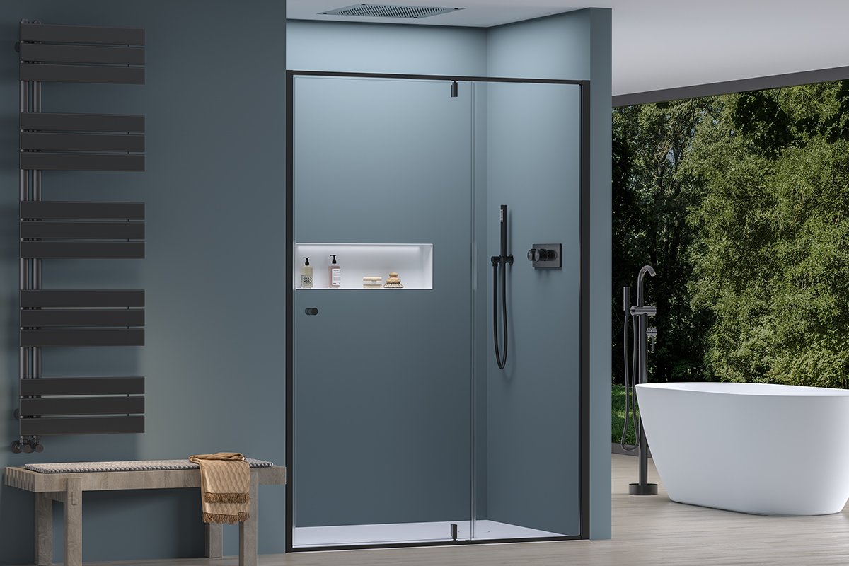 Sprchové pivotové dveře Santini L/P - 6 mm - černá matná, transparentní sklo