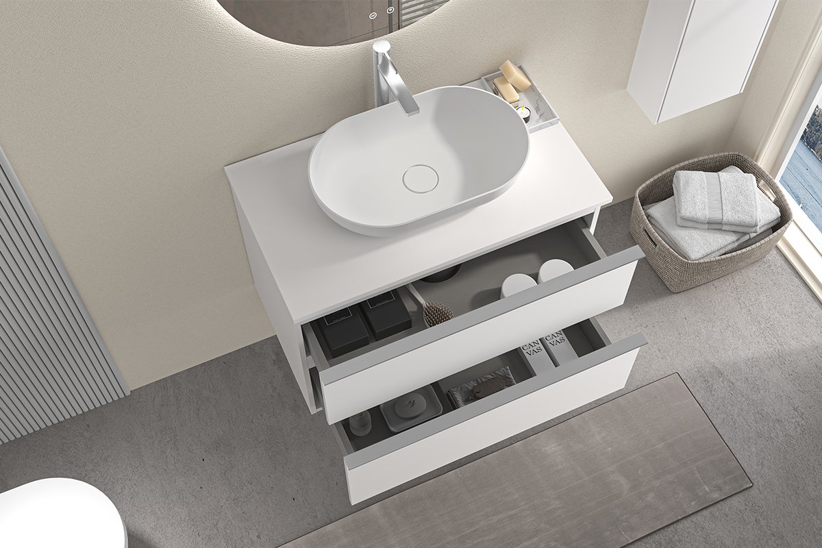 Koupelnová skříňka pod umyvadlo s úchytkou/deskou pod umyvadlo Velora - 18 mm - bílá matná, chromová úchytka