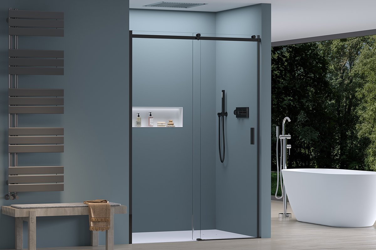 Sprchové posuvné dveře Santoro L/P - 6 mm - černá matná, transparentní sklo