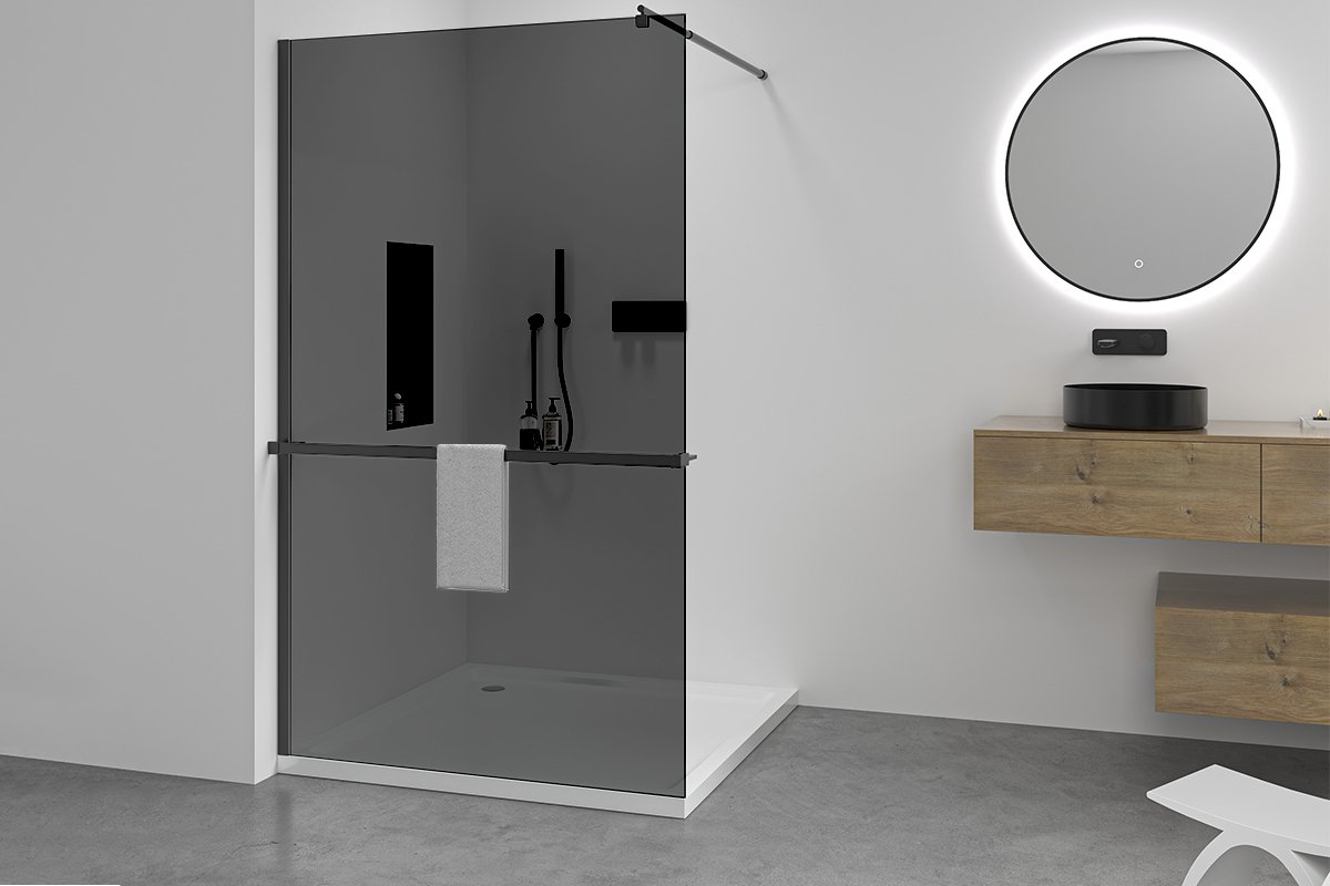 Sprchová zástěna Walk-in Onyx Round L/P - 8 mm + polička/držák na ručníky - kulatá vzpěra - černá matná, grafitové sklo