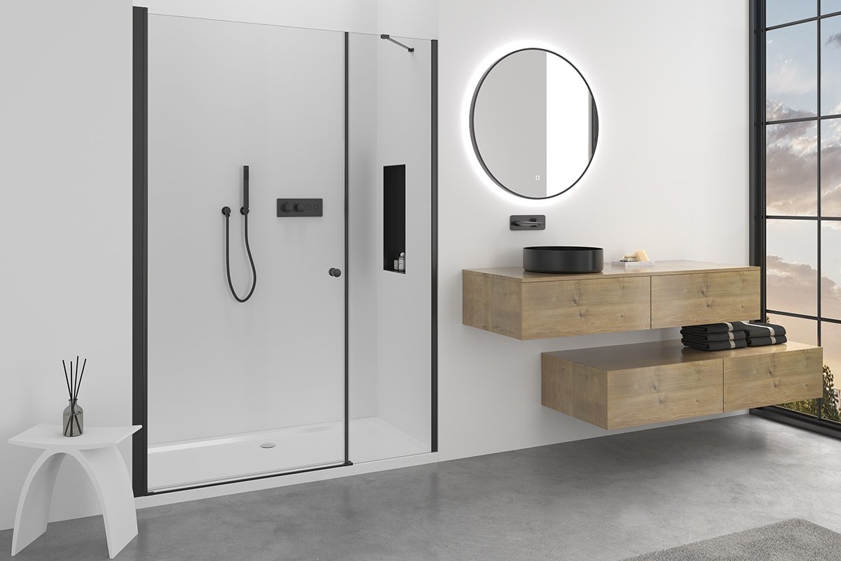 Sprchové křídlové dveře Antelo s pevnou částí L/P - 6 mm - černá matná, transparentní sklo
