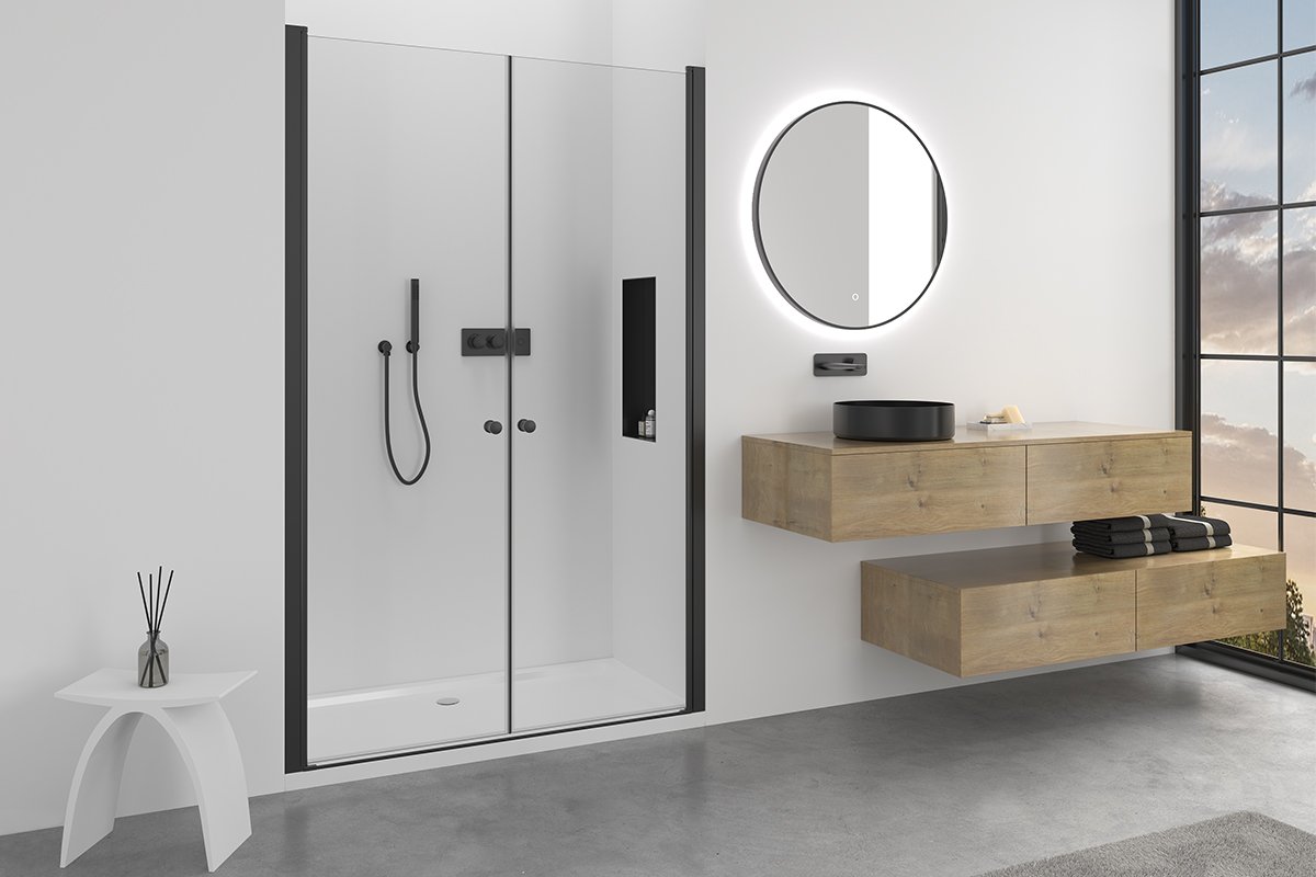 Sprchové 2-křídlové dveře Antelo L/P - 6 mm - černá matná, transparentní sklo